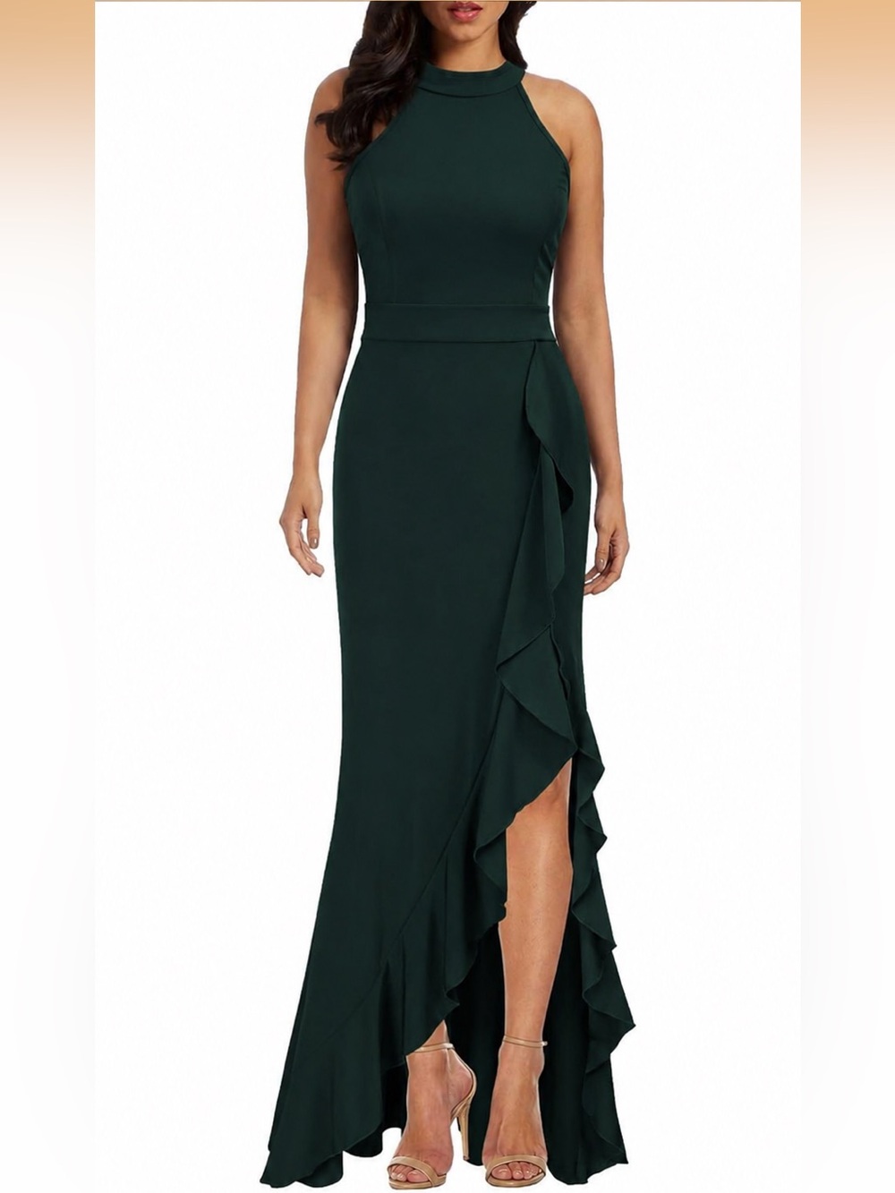WOOSEA Forest Green Halter Ruffle Maxi Formal Dress